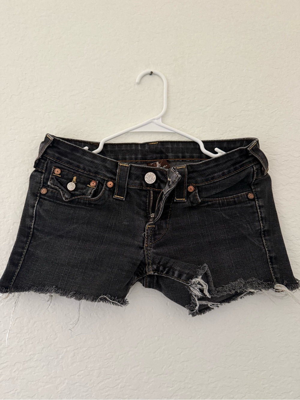True Religion Black Distressed Cutoff Denim Shorts